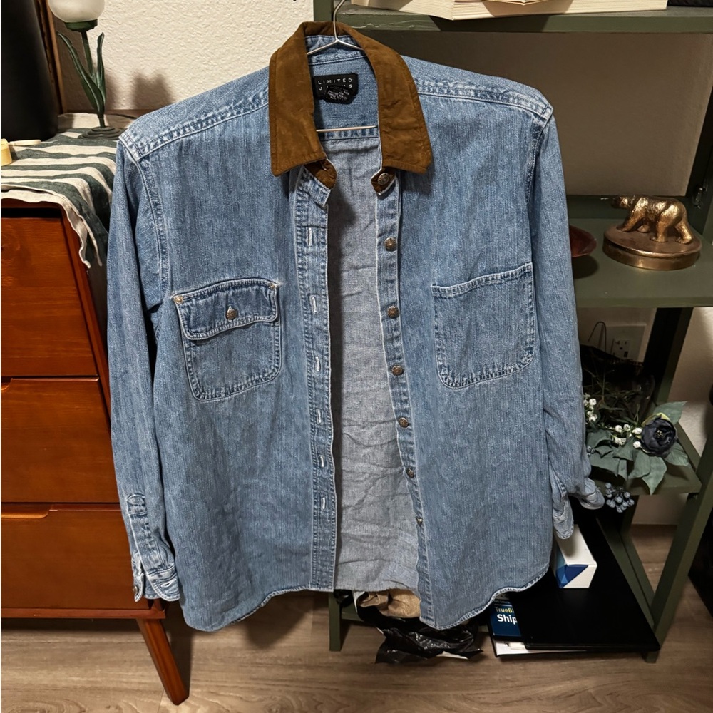 The Limited Blue Denim Jacket with Brown Collar